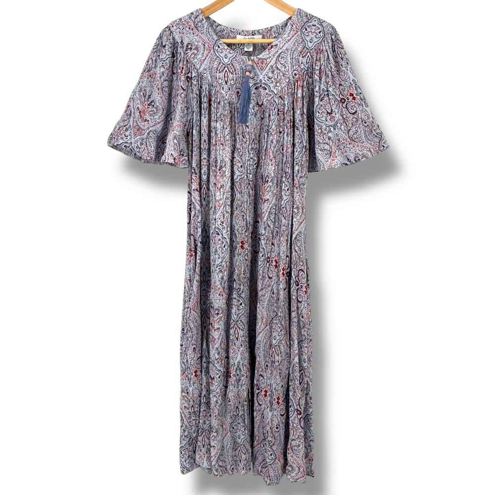 Go Softly Lightweight Crinkle Kaftan Patio Dress Size S Full Zip Paisley Purple